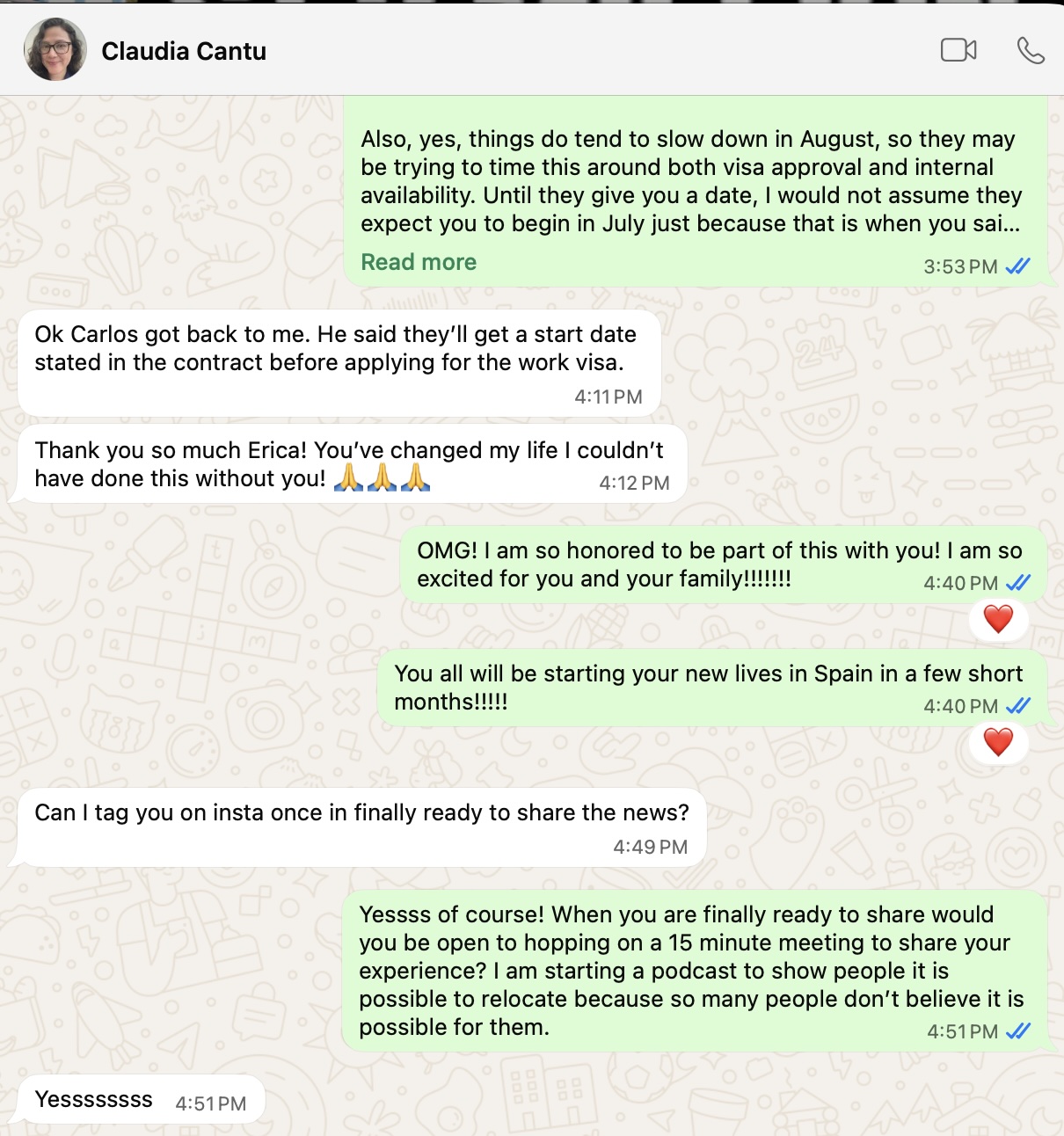 WhatsApp message from Claudia Cantu about job offer and relocation from Texas to Spain
